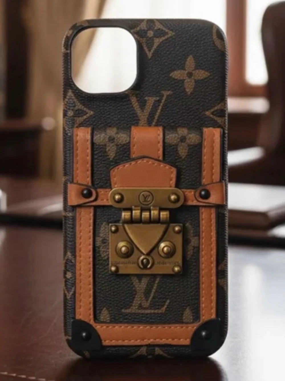 PHONE CASE: Brown & Tan LV Monogram Trunk-Style iPhone 15 Plus, NWOT